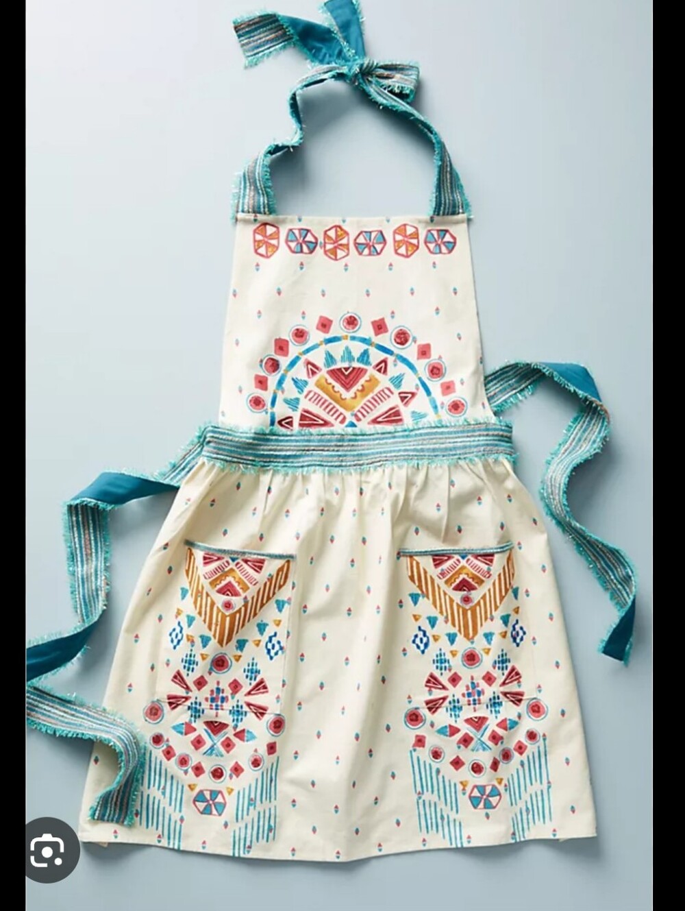 Anthropologie Arita Apron Baking Cooking Bohemian Embroidered Metallic Fringe